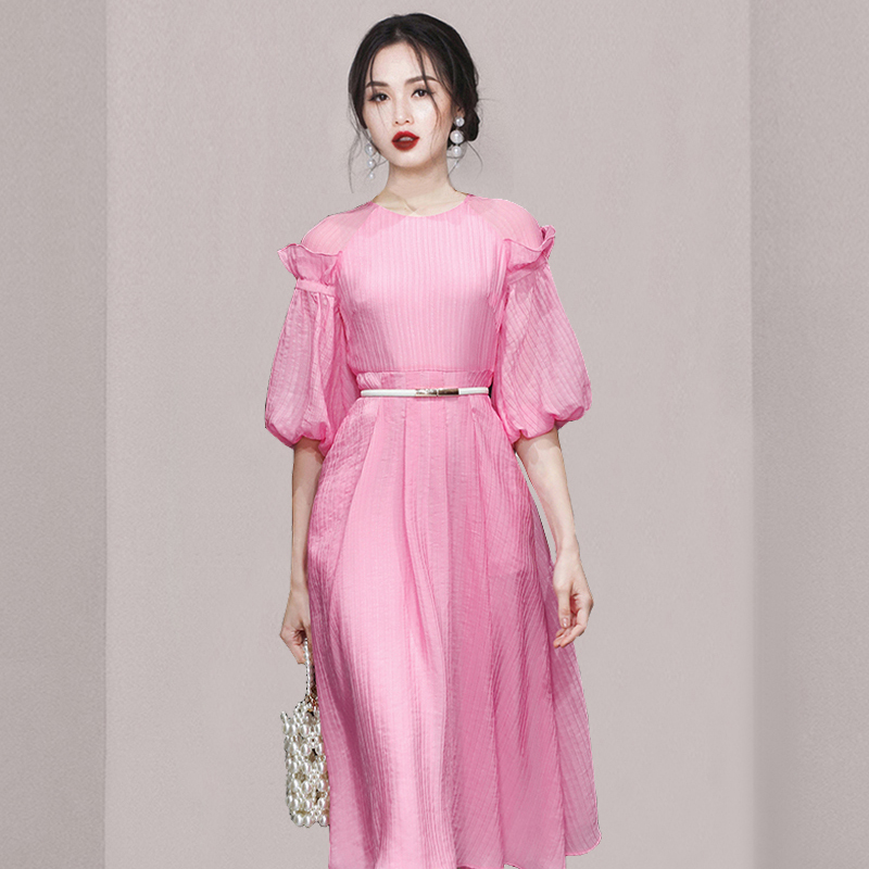 Lady pinched waist long dress pink slim dress for women