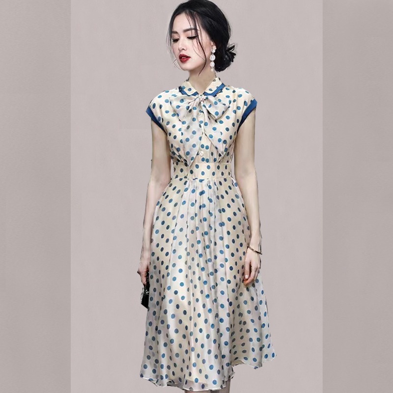 Korean style polka dot slim fashion summer bow dress