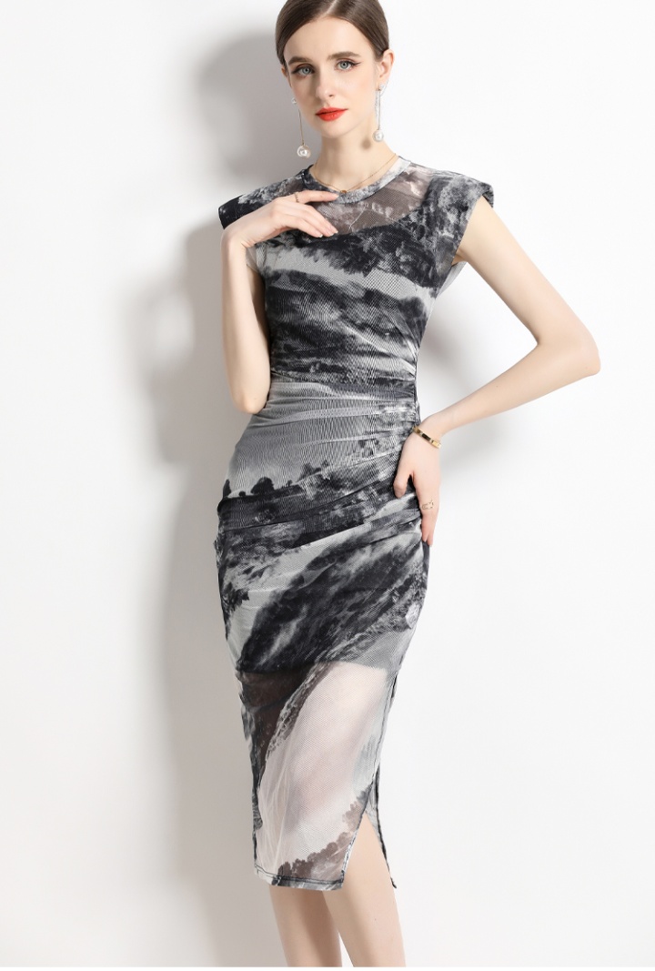 Ink gauze Chinese style sling printing dress 2pcs set