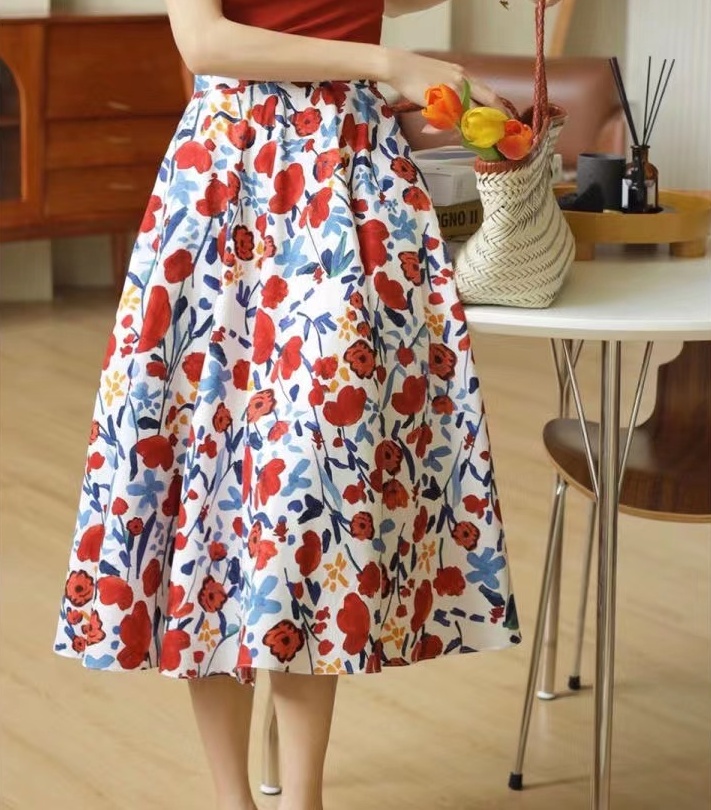 Floral thin skirt high waist pinched waist long skirt