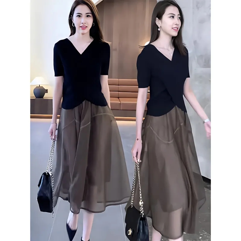 Casual large yard tops short sleeve skirt 2pcs set for women