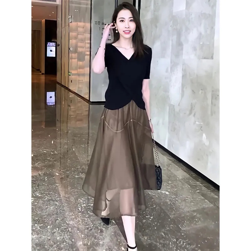 Casual large yard tops short sleeve skirt 2pcs set for women