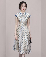 Doll collar pinched waist slim fashion bow polka dot dress