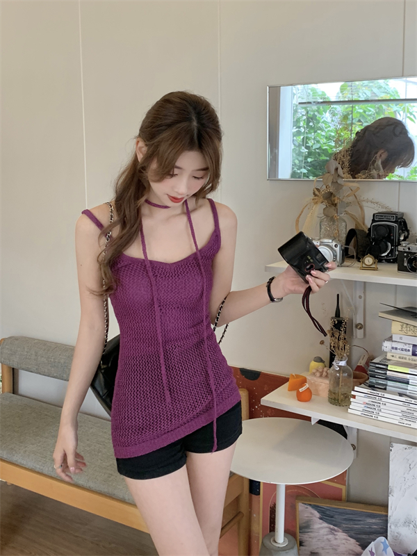 Elasticity hollow purple sexy sling V-neck dress