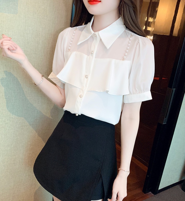 Western style pearls chain white summer shirt
