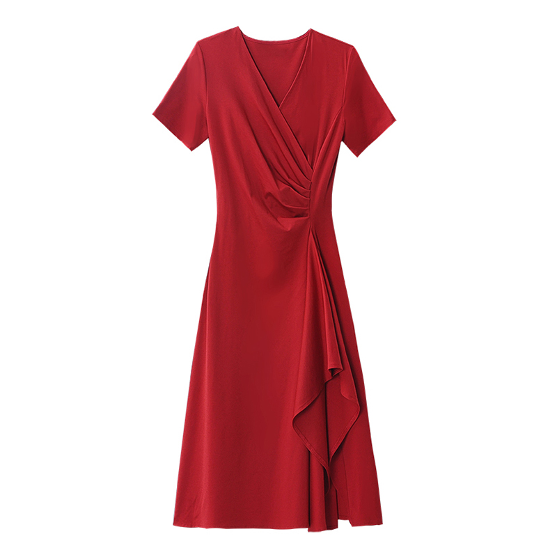 Red V-neck pinched waist summer temperament dress