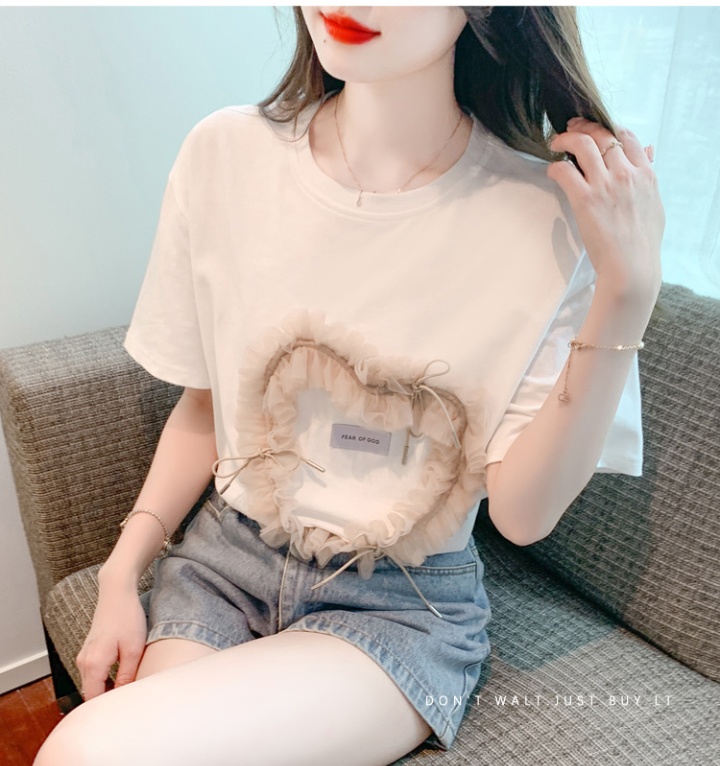 Lace heart summer Korean style round neck pullover T-shirt