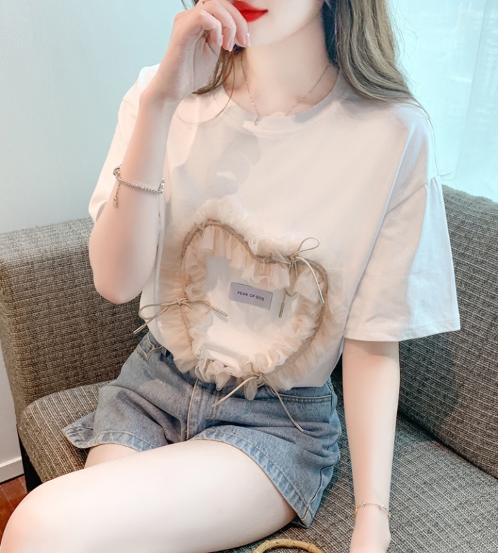 Lace heart summer Korean style round neck pullover T-shirt
