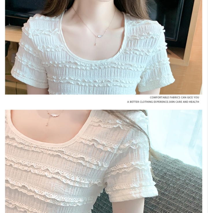 Lace arc hem chiffon shirt round neck T-shirt for women