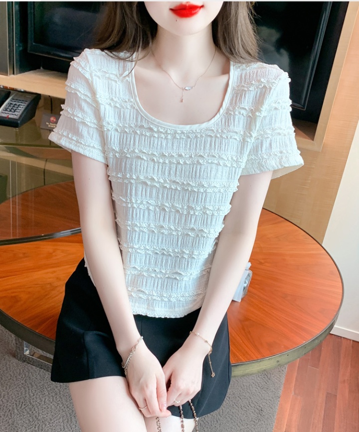 Lace arc hem chiffon shirt round neck T-shirt for women