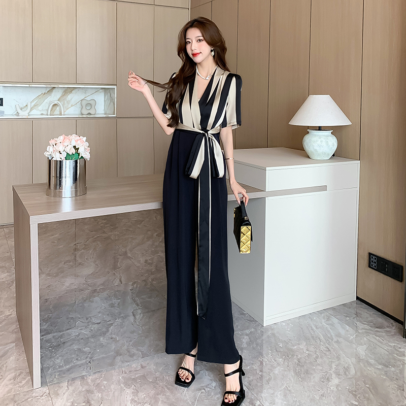 Pinched waist printing long pants bow frenum jumpsuit