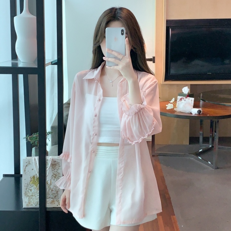 Long sleeve thin coat pink chiffon shirt for women