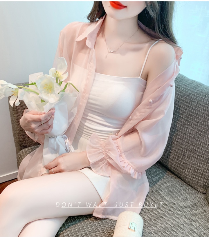 Long sleeve thin coat pink chiffon shirt for women