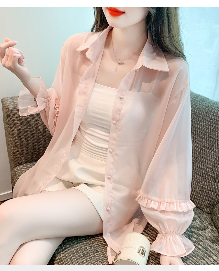 Long sleeve thin coat pink chiffon shirt for women