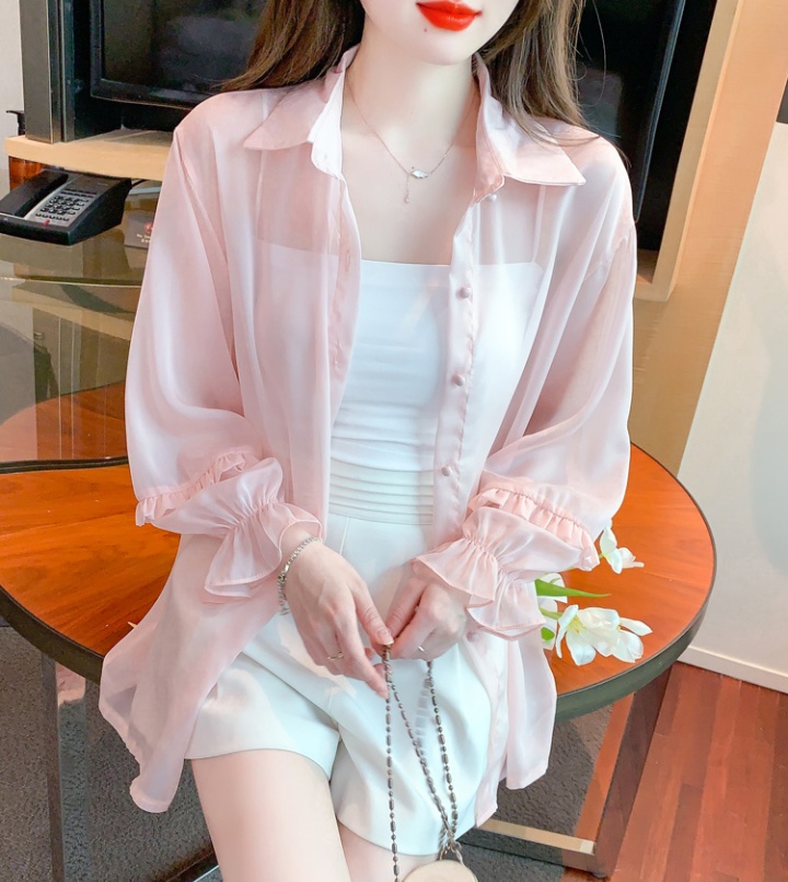 Long sleeve thin coat pink chiffon shirt for women