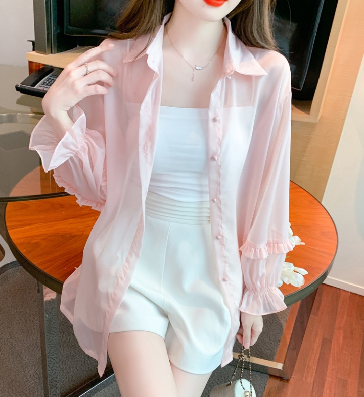 Long sleeve thin coat pink chiffon shirt for women