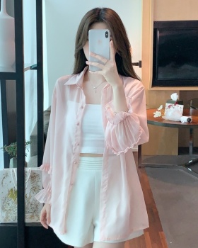 Long sleeve thin coat pink chiffon shirt for women