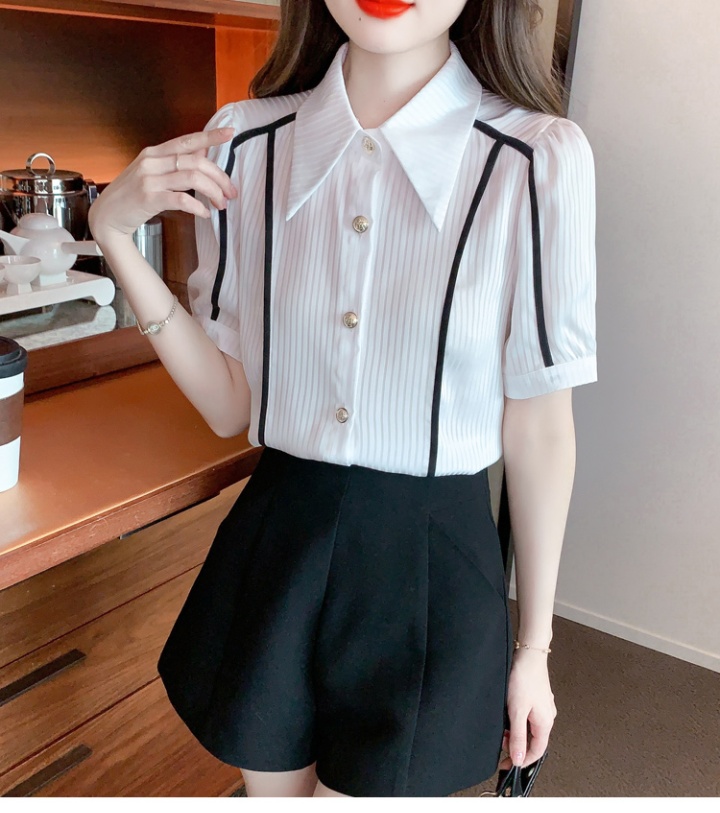 Puff sleeve Western style shirt stripe short sleeve tops