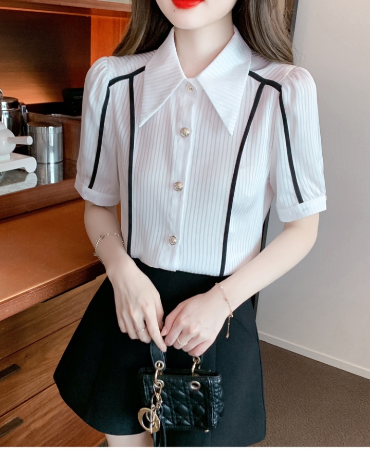 Puff sleeve Western style shirt stripe short sleeve tops