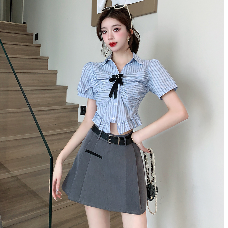 College style summer tops pinched waist shirt 2pcs set