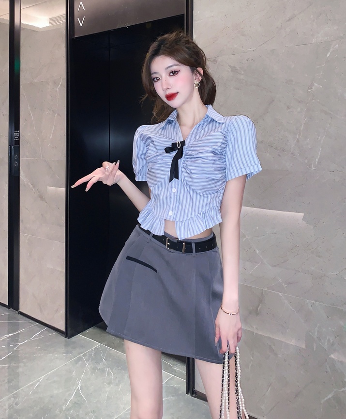 College style summer tops pinched waist shirt 2pcs set