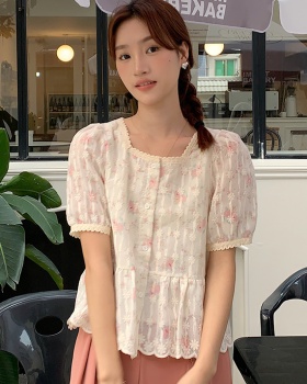 Printing square collar short sleeve tops summer Korean style shirt