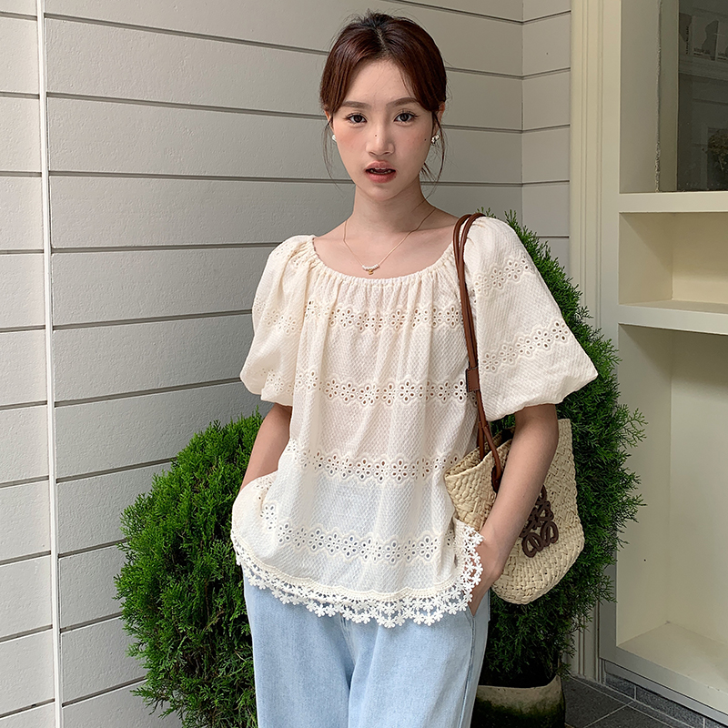 Round neck loose shirt Korean style summer doll shirt for women