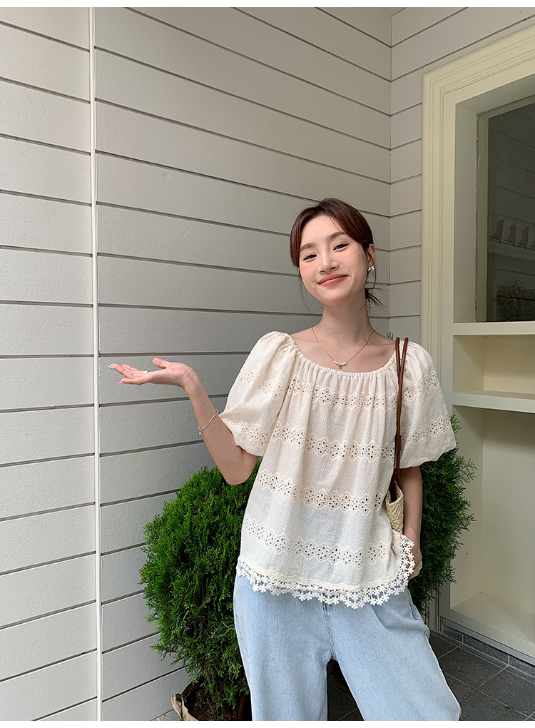 Round neck loose shirt Korean style summer doll shirt for women