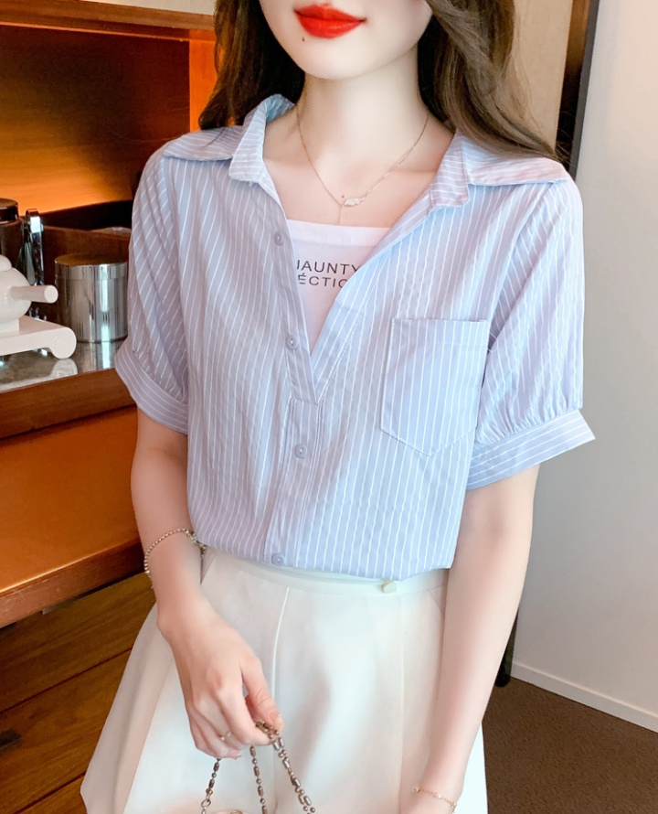 Korean style Pseudo-two T-shirt stripe small shirt