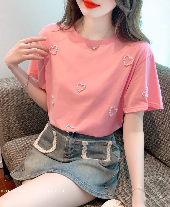 Sweet short sleeve round neck tops simple heart T-shirt