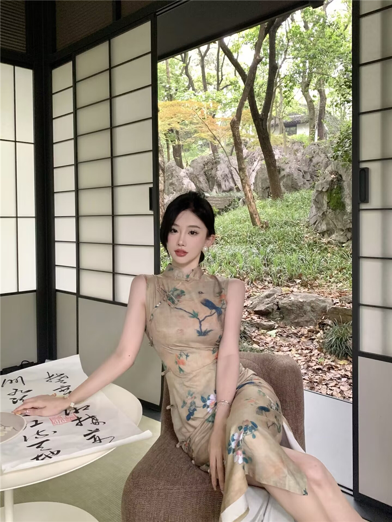Elegant retro cheongsam slim long dress for women
