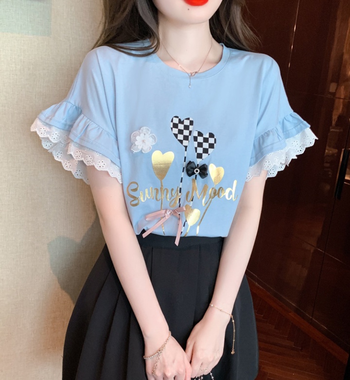 Short sleeve lace flowers trumpet sleeves T-shirt for women