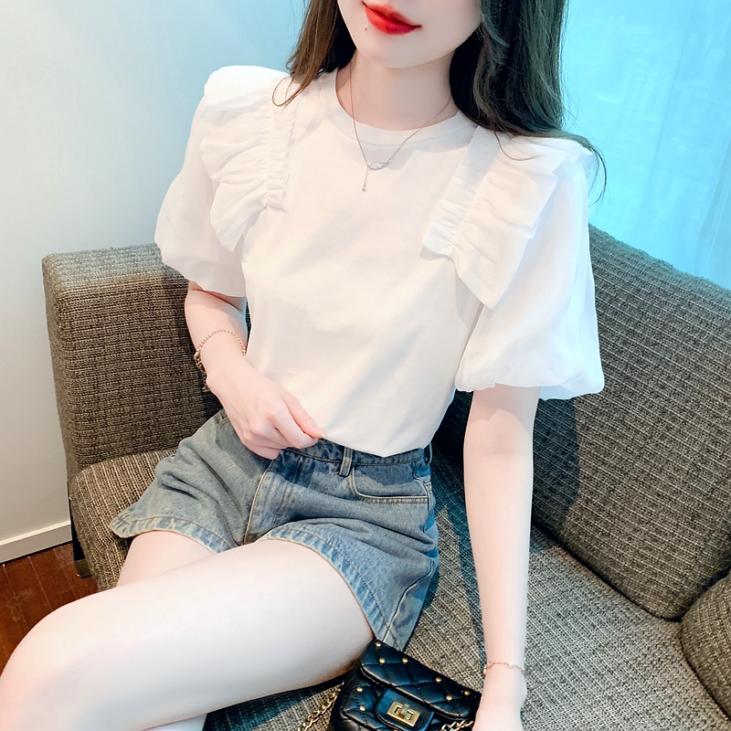 White summer tops puff sleeve unique shirt