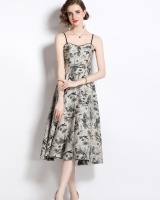 Floral pinched waist long dress France style dress