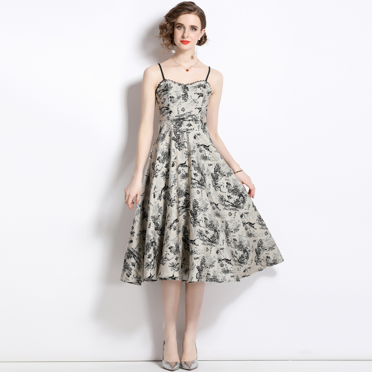 Floral pinched waist long dress France style dress
