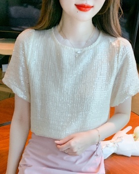 Lace pullover chiffon shirt puff sleeve sequins shirt