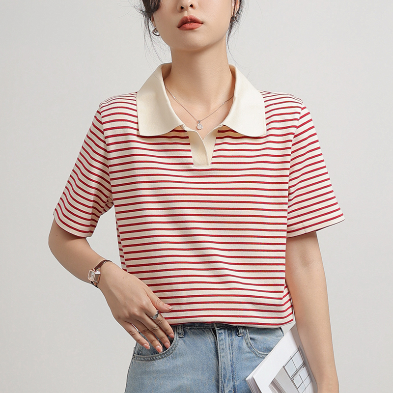 Splice mixed colors stripe cotton short sleeve T-shirt