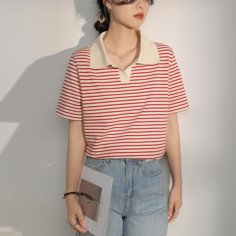 Splice mixed colors stripe cotton short sleeve T-shirt