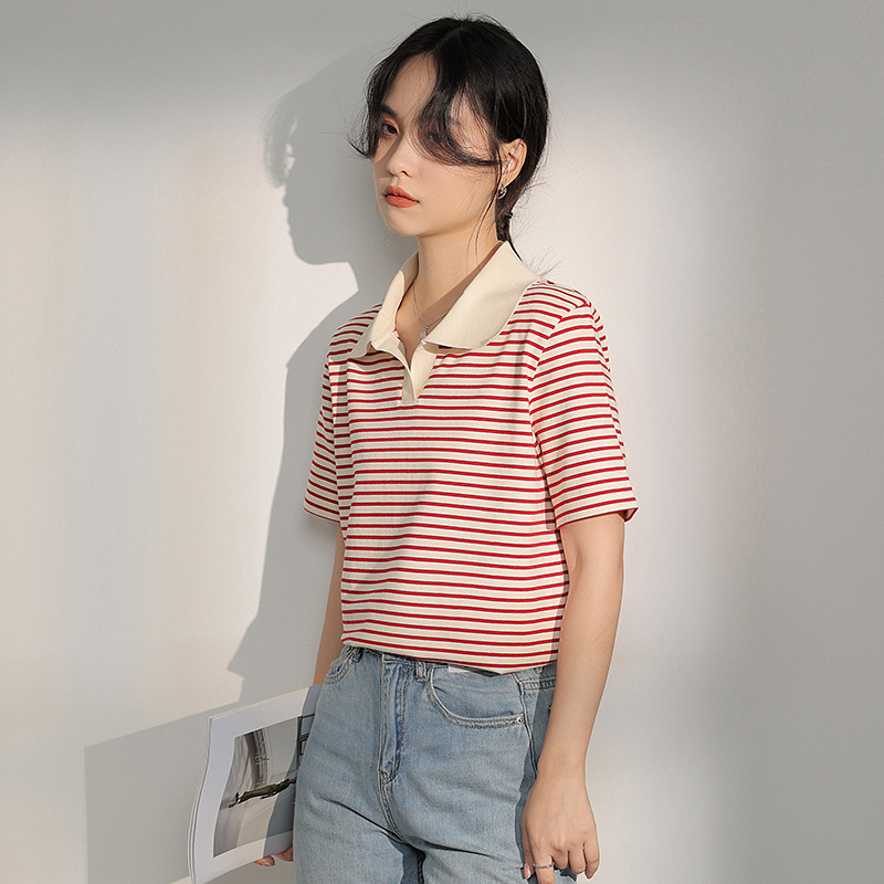 Splice mixed colors stripe cotton short sleeve T-shirt