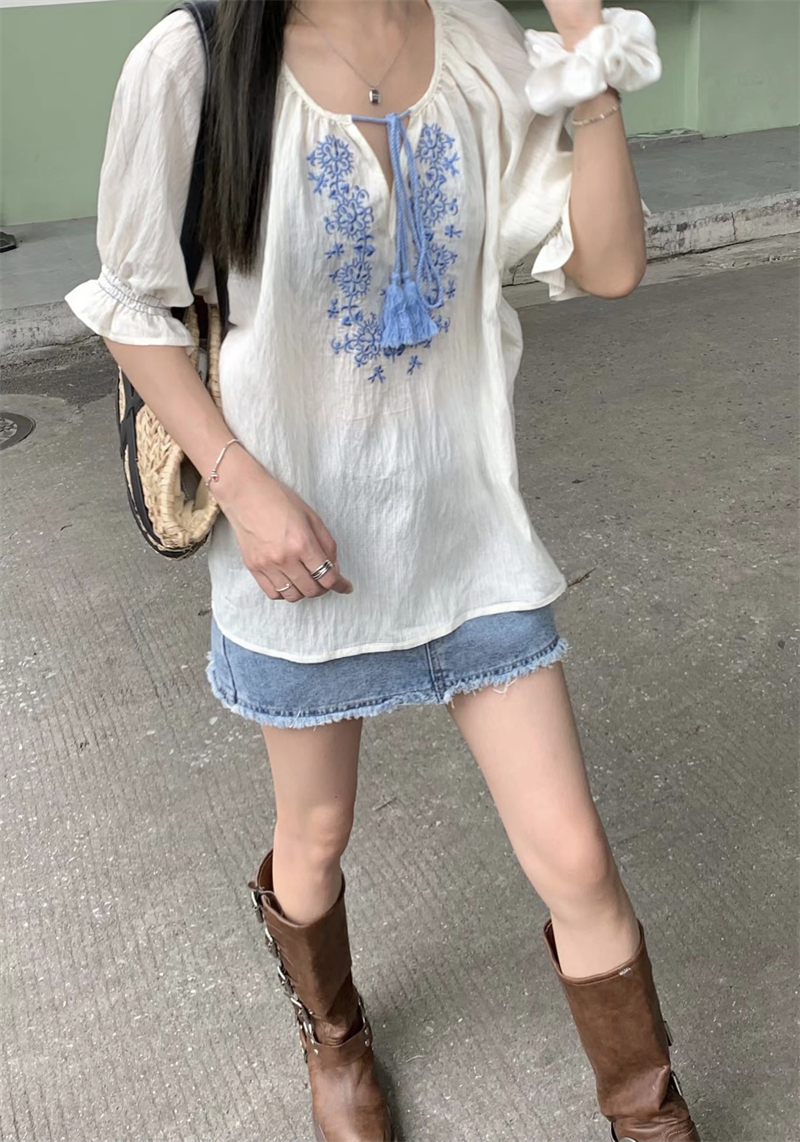 France style embroidery tops summer shirt for women