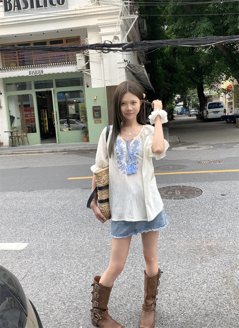France style embroidery tops summer shirt for women