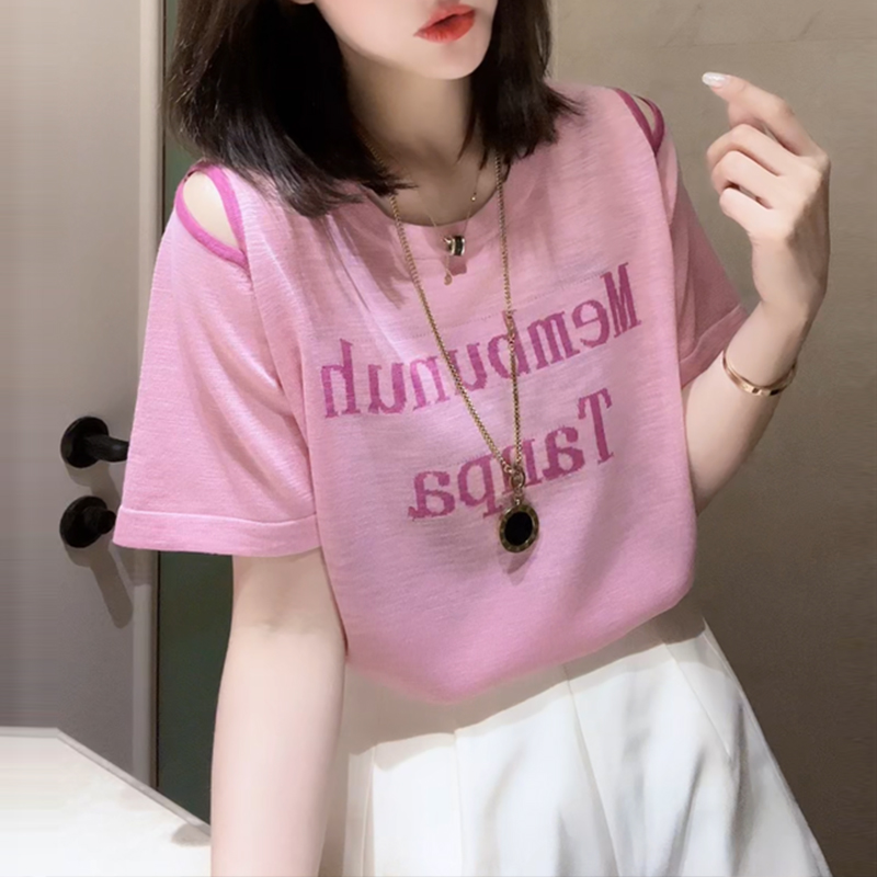 Korean style ice silk T-shirt summer hollow sweater for women