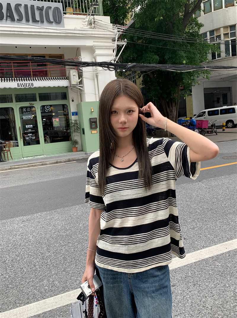 Mixed colors all-match stripe tops loose Casual T-shirt