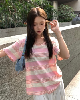 Mixed colors all-match stripe tops loose Casual T-shirt
