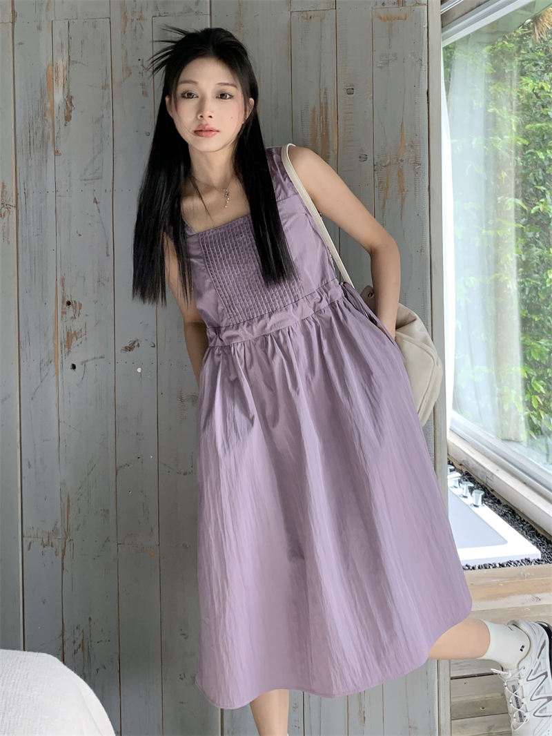 Summer pinched waist long dress tender purple dress for women