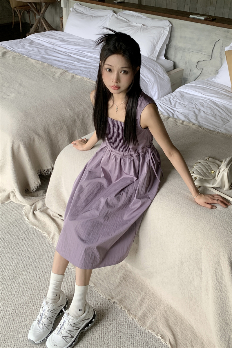 Summer pinched waist long dress tender purple dress for women