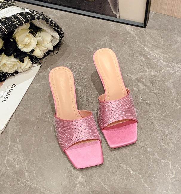 Rhinestone square head high-heeled slippers for women