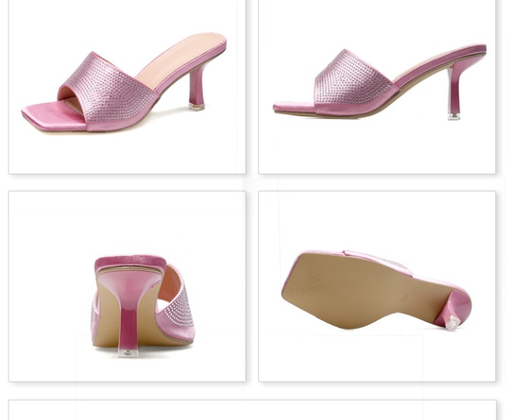 Rhinestone square head high-heeled slippers for women