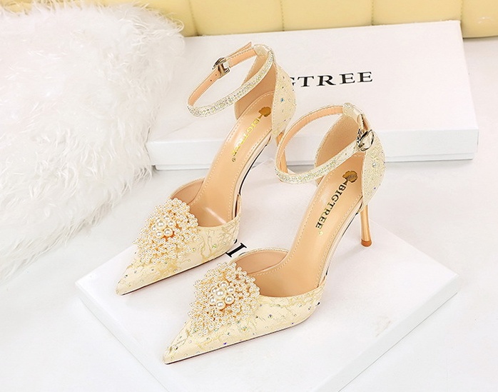 Rhinestone banquet sandals low flowers high-heeled shoes