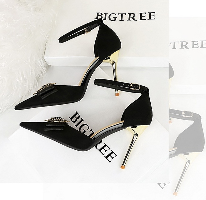European style rhinestone bow pointed high-heeled shoes